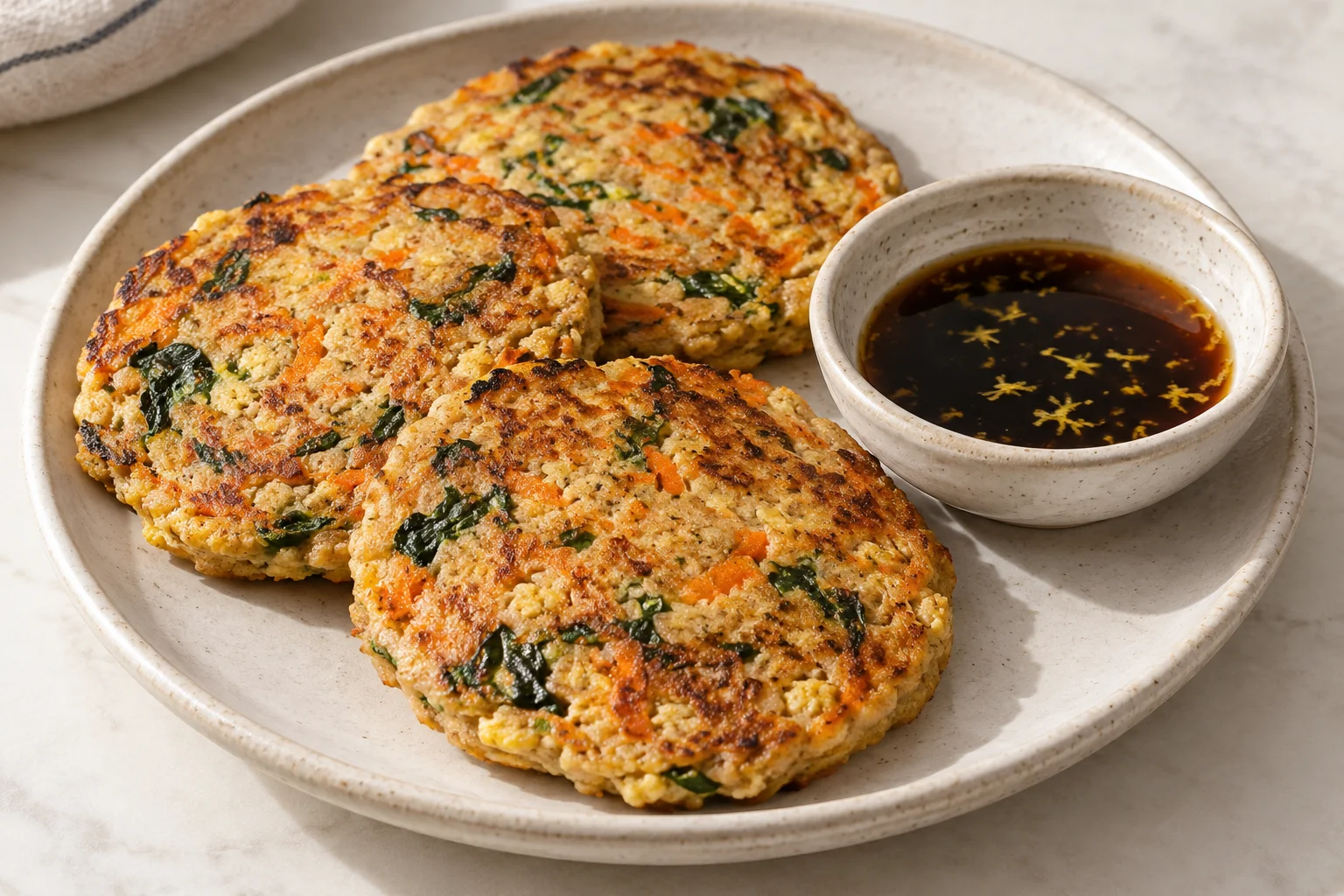 AI-generated illustration of tofu, carrot & spinach savory pancakes; not a photograph of a kitchen-tested dish