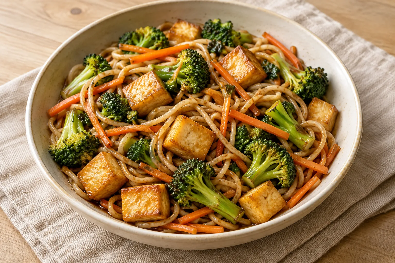 AI-generated illustration: ginger tofu & vegetable noodles