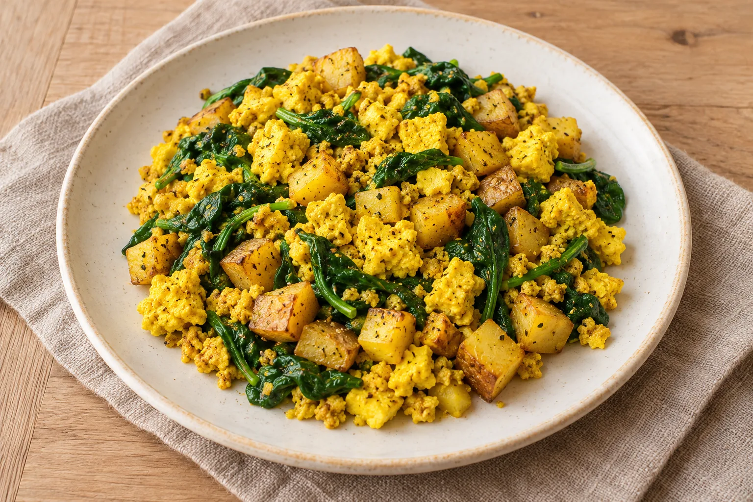 AI-generated illustration: golden tofu scramble with potatoes & spinach