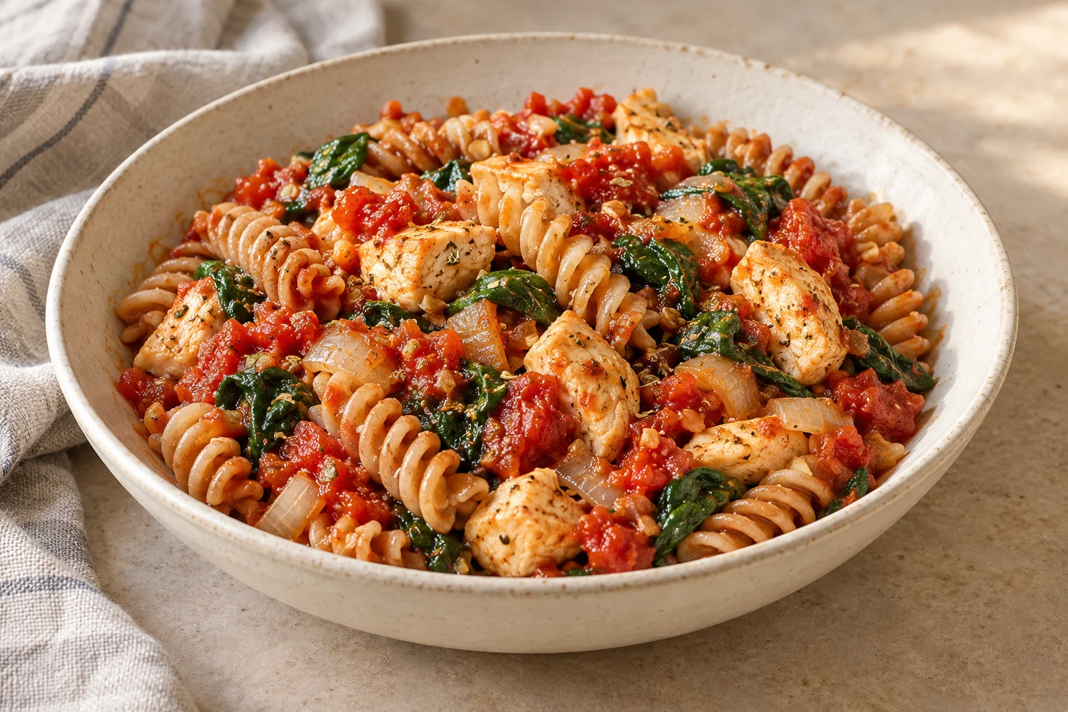 AI-generated realistic illustration of tomato chicken & spinach pasta; not a photograph of a kitchen-tested dish.