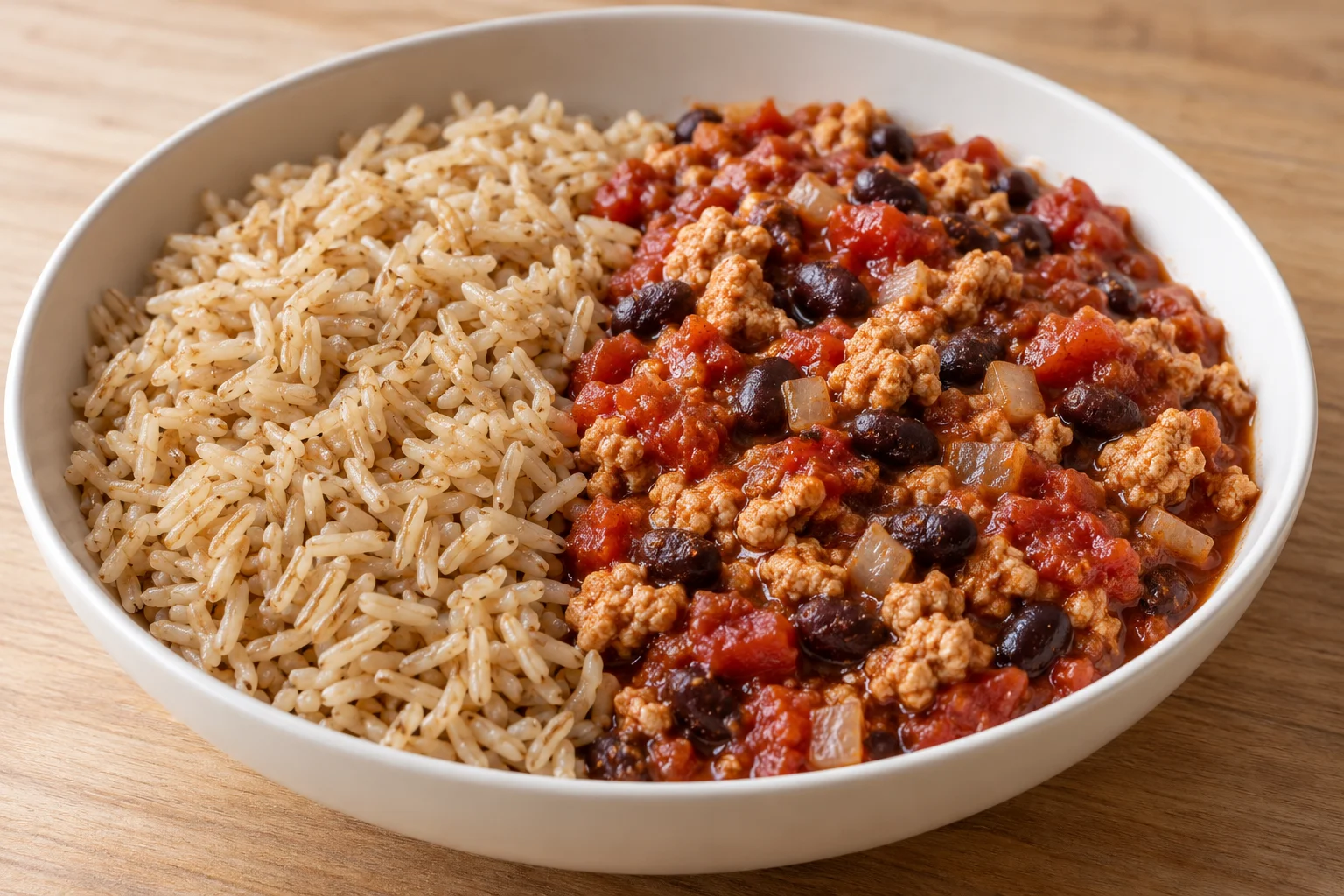AI-generated illustration of turkey & black bean chili with brown rice; not a photograph of a kitchen-tested dish.