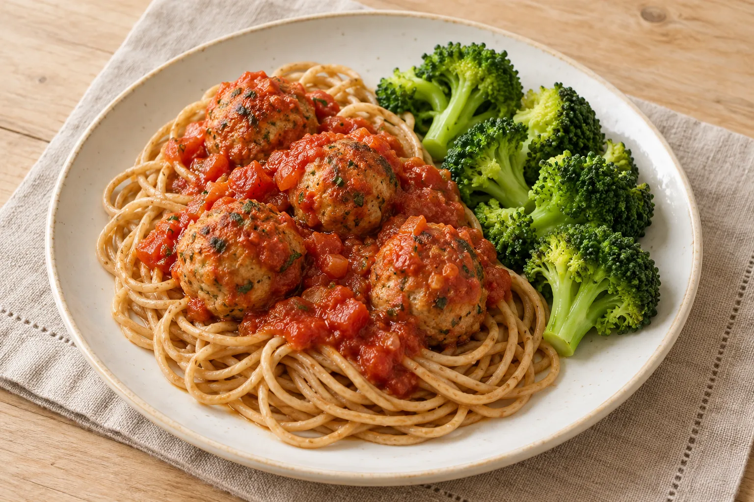 AI-generated illustration: turkey meatballs, spaghetti & broccoli