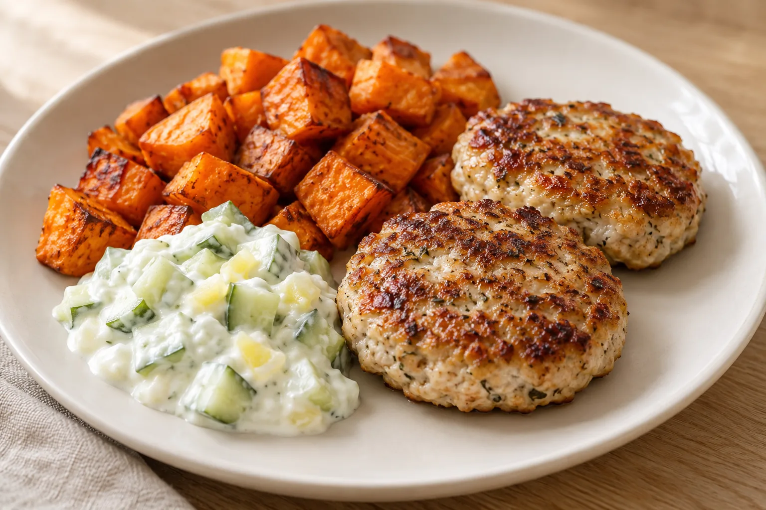 AI-generated illustration of lemon turkey patties with sweet potatoes & cucumber yogurt; not a photograph of a kitchen-tested dish.
