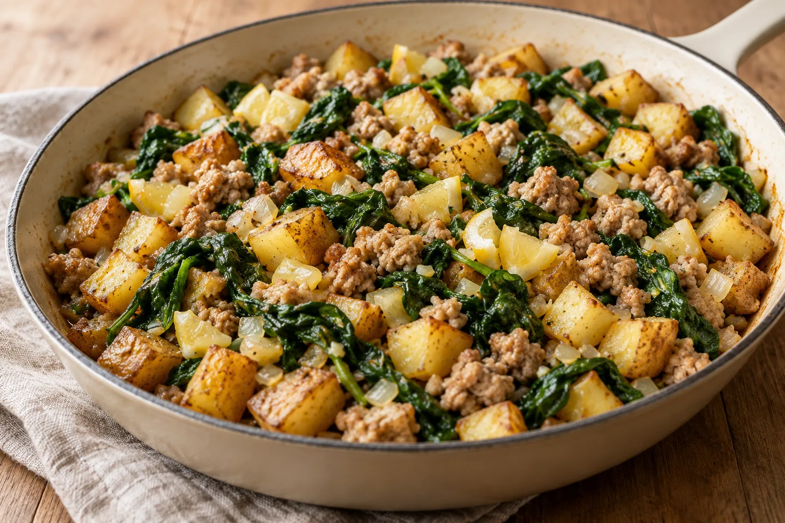 AI-generated illustration of turkey, potato & spinach skillet; not a photograph of a kitchen-tested dish.