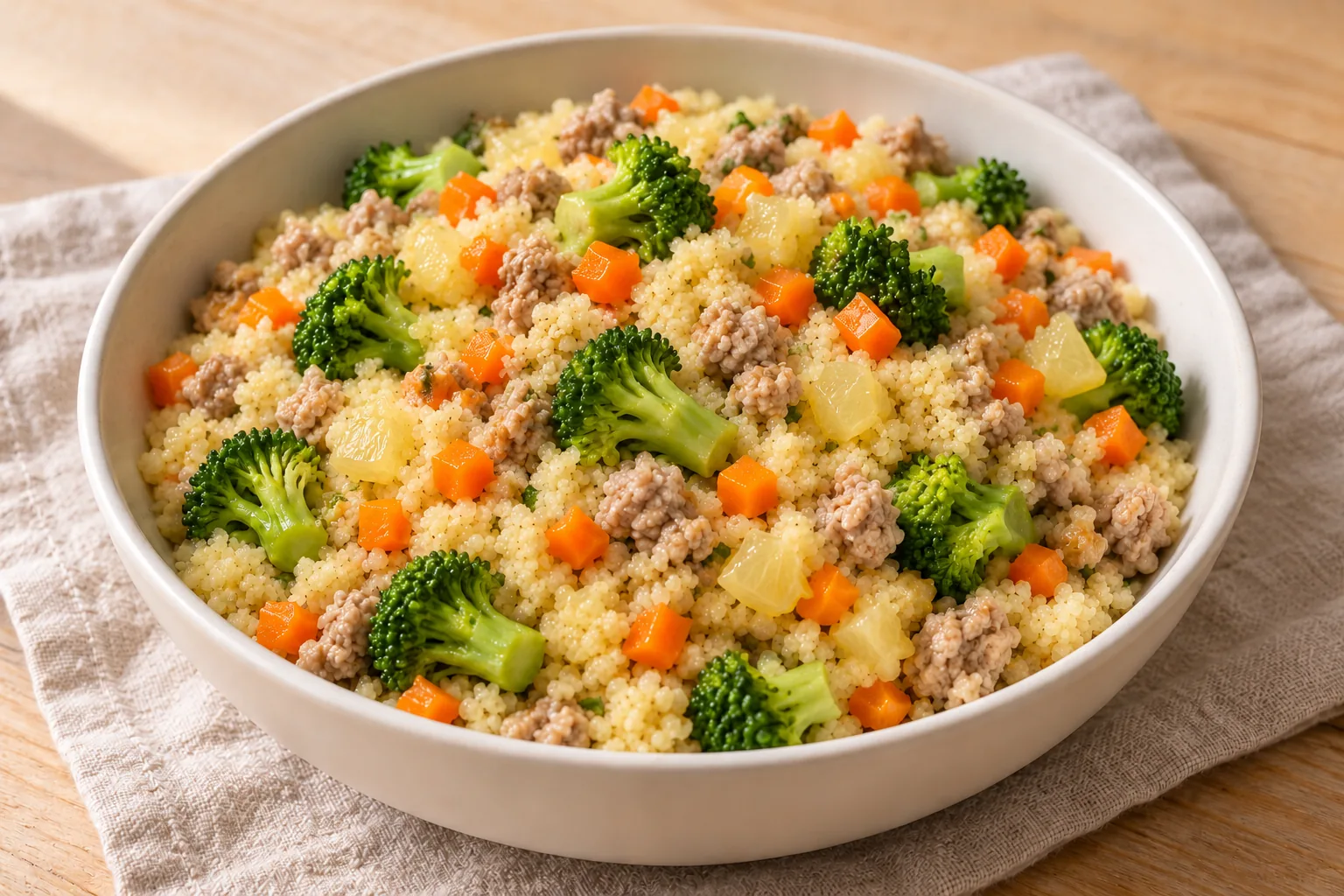 AI-generated illustration of ground turkey, broccoli and carrot over fine couscous; not a photograph of a kitchen-tested dish.