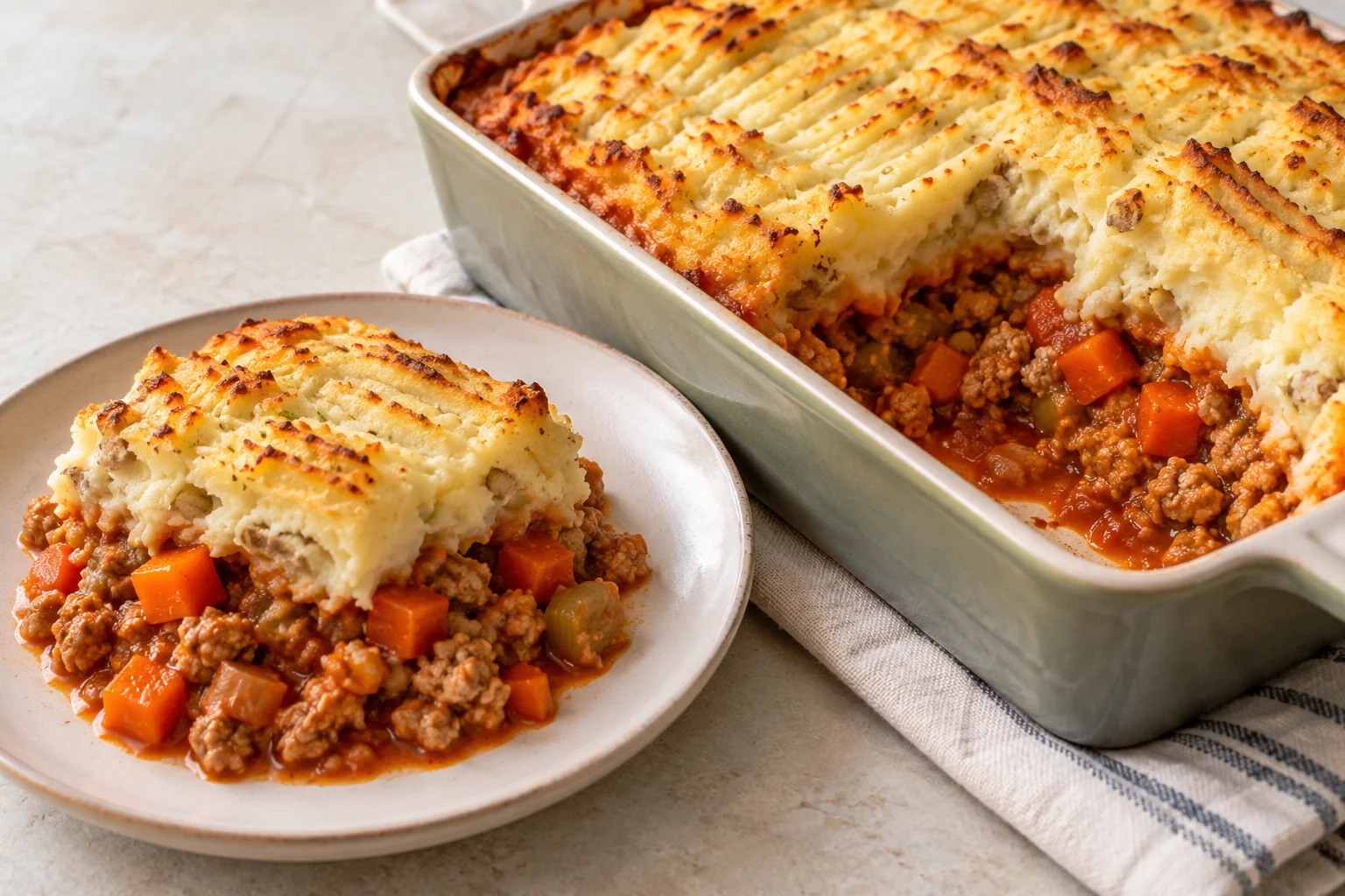 AI-generated illustration of turkey & vegetable potato-top bake; not a photograph of a kitchen-tested dish