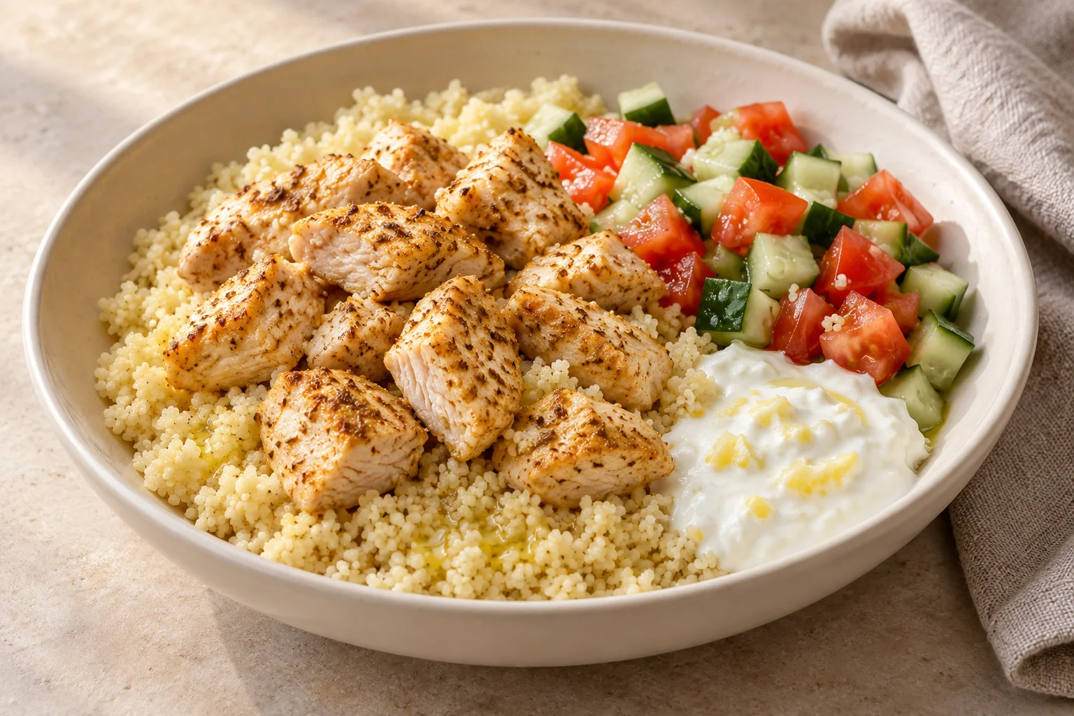 AI-generated realistic illustration of warm chicken couscous bowls with cucumber yogurt; not a photograph of a kitchen-tested dish.