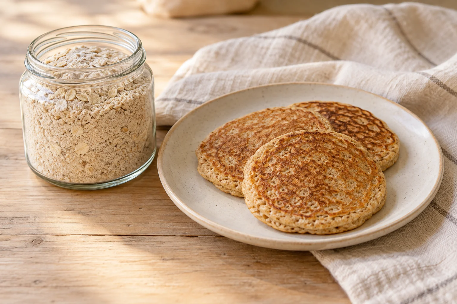 AI-generated illustration: Whole-grain pancakes overlapping on a cream plate beside an open jar of dry pancake mix. AI-generated illustration; not a photograph of a kitchen-tested recipe.