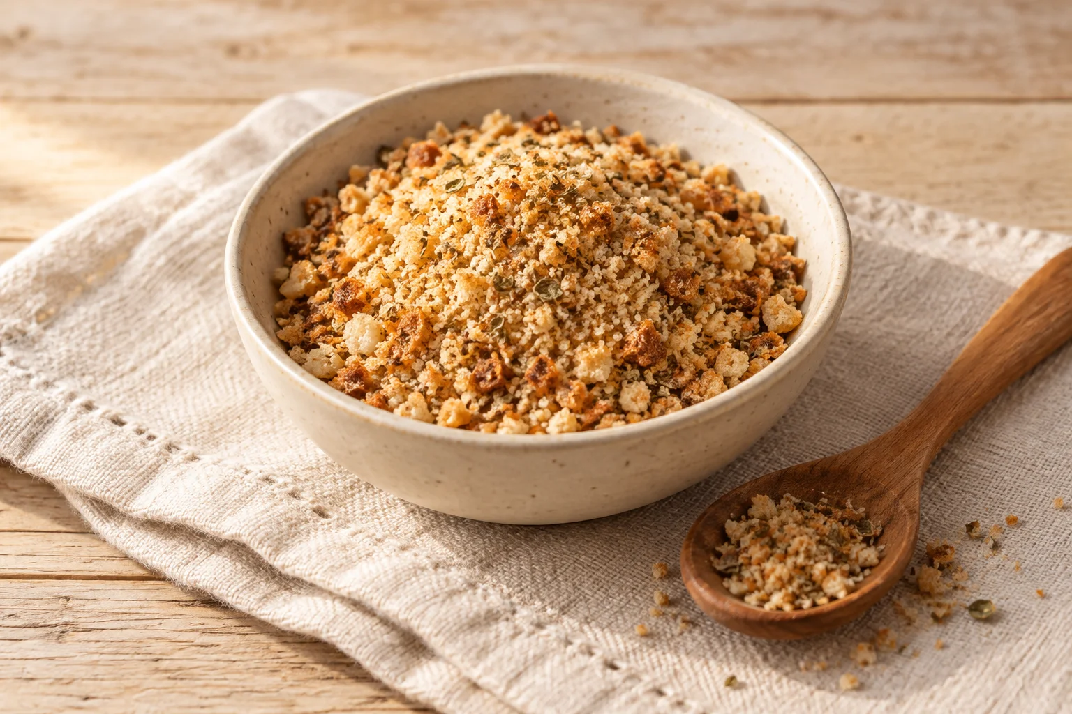 AI-generated illustration: Golden whole-wheat breadcrumbs with dried herb flecks in a ceramic bowl beside a wooden spoon. AI-generated illustration; not a photograph of a kitchen-tested recipe.