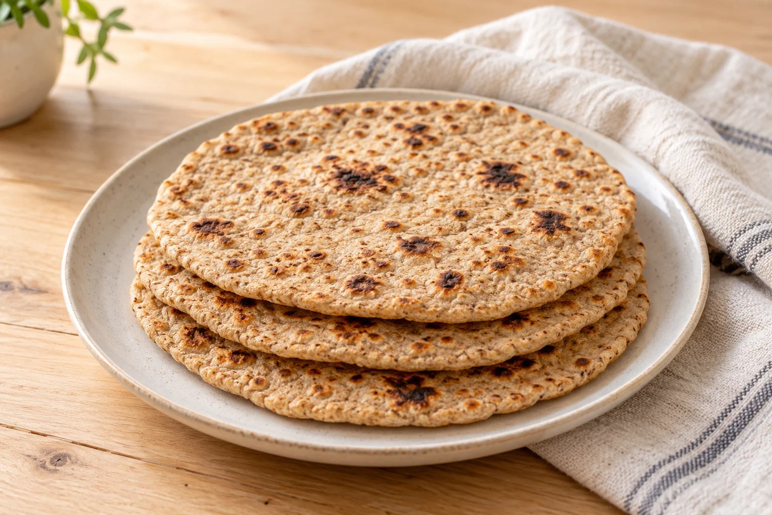 AI-generated illustration: A stack of spotted whole-wheat flatbreads on a cream plate, with a linen towel beside it. AI-generated illustration; not a photograph of a kitchen-tested recipe.